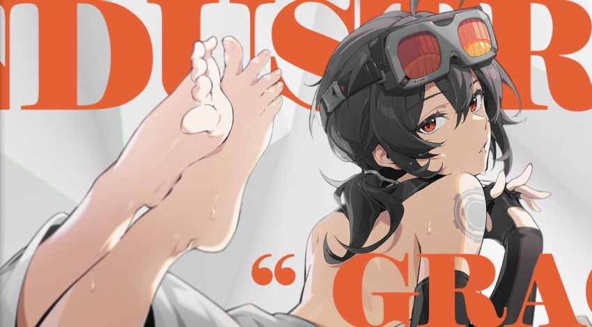 1girl, barefoot, black_hair, feet, goggles, goggles_on_head, grace_howard, long_hair