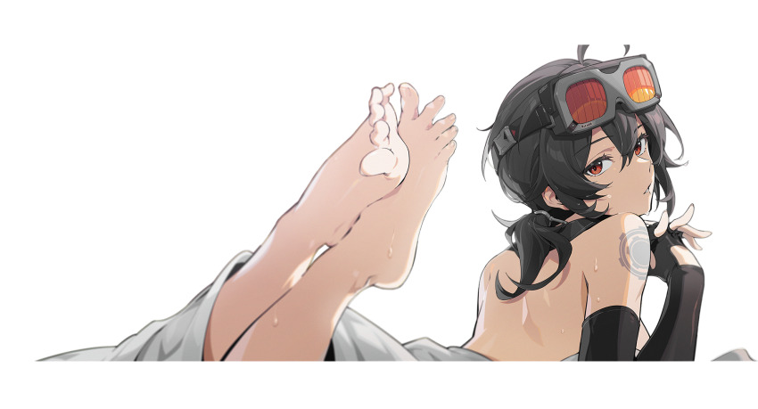 1girl, barefoot, black_hair, feet, goggles, goggles_on_head, grace_howard, highres, long_hair, looking_at_viewer, lying, mindscape_cinema_(zenless_zone_zero), official_art, on_stomach, parted_lips, red_eyes, sweat, tattoo, toes, transparent_background, zenless_zone_zero
