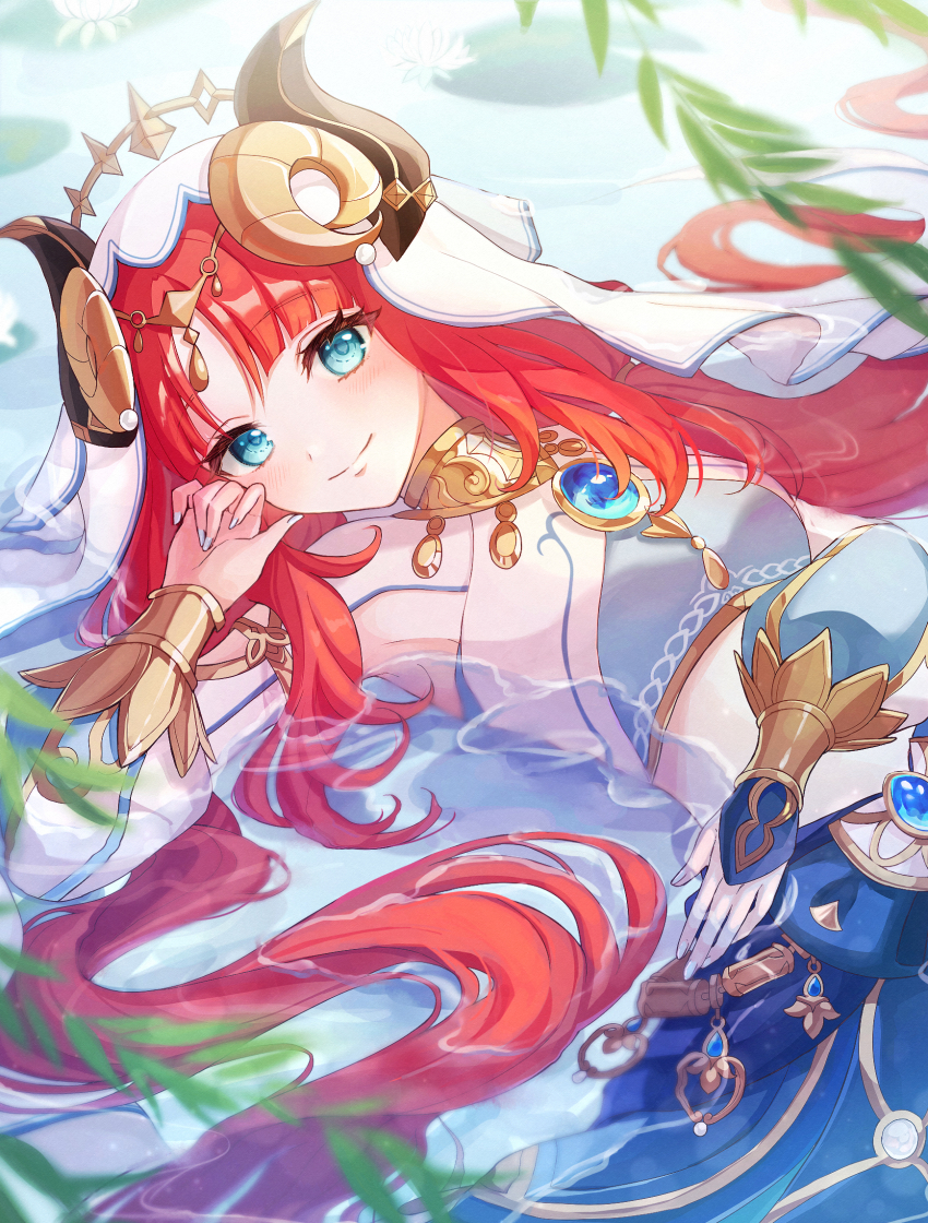 1girl, aqua_eyes, aqua_nails, armpit_cutout, blue_gem, blue_skirt, circlet, clothing_cutout