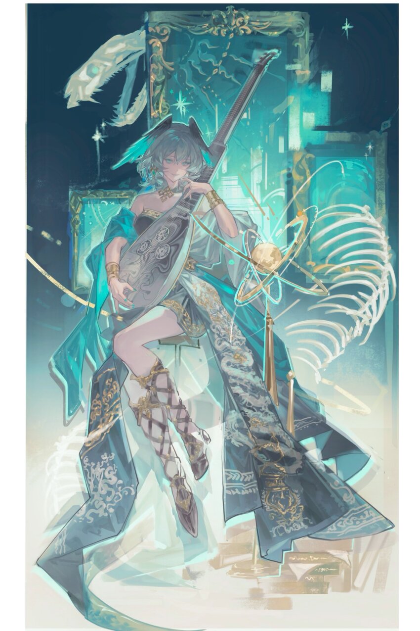 1girl, aqua_eyes, aqua_nails, aqua_shawl, arknights, black_dress, bracelet, commentary_request