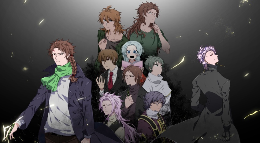 2girls, 6+boys, ahoge, belt, black_belt, black_coat, black_gloves, black_jacket