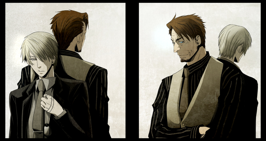 2boys, back-to-back, beard_stubble, black_skirt, blazer, blue_eyes, brown_eyes, brown_hair, crossed_arms, daniel_monroe, delico_(gangsta), dog_tags, dress_shirt, facial_hair, gangsta, grey_hair, grey_shirt, hair_over_one_eye, highres, holding_dog_tags, jacket, mafia, male_focus, multiple_boys, necktie, open_clothes, open_jacket, shirt, short_hair, skirt, striped_clothes, striped_shirt, stubble, tie_clip, vainback, vest, white_background, white_vest