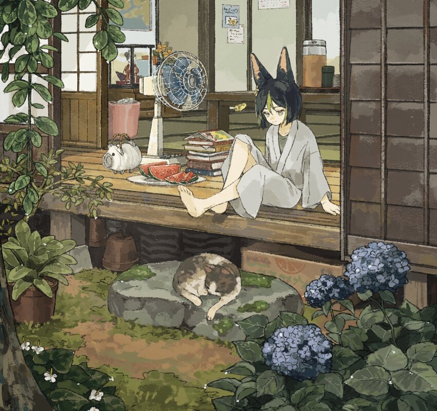1boy, animal_ear_fluff, animal_ears, arm_support, barefoot, black_hair, blue_flower, blunt_ends, book, book_stack, bottle, box, brown_eyes, bug, butterfly, cardboard_box, cat, chest_of_drawers, closed_mouth, collarbone, commentary_request, cooler, day, display_case, electric_fan, feet, flower, flower_pot, food, fox_ears, fruit, genshin_impact, grass, green_eyes, green_hair, grey_kimono, hair_between_eyes, hishida_(koko_escape), hydrangea, incense_burner, insect, japanese_clothes, kayari_buta, kimono, knee_up, long_sleeves, looking_down, male_focus, moss, multicolored_hair, paper, plant, plate, potted_plant, rock, scenery, short_hair, shouji, sitting, sleeping, slice_of_life, sliding_doors, smile, solo, streaked_hair, table, tatami, thermos, tighnari_(genshin_impact), toes, trash_can, tree, veranda, watermelon, watermelon_slice, white_flower, yellow_butterfly, yellow_flower