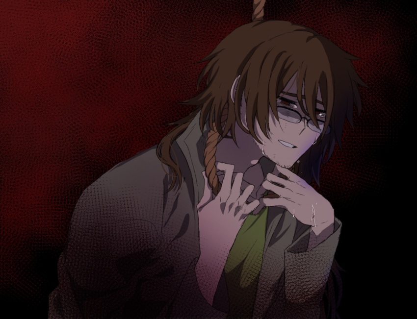 1boy, brown_hair, commentary_request, crying, crying_with_eyes_open, empty_eyes, facial_hair, glasses, green_shirt, grey_jacket, harada_kazaru, imminent_suicide, jacket, long_hair, male_focus, noose, open_clothes, open_jacket, red_eyes, saibou_shinkyoku, shinonogi, shirt, solo, stubble, tears, upper_body