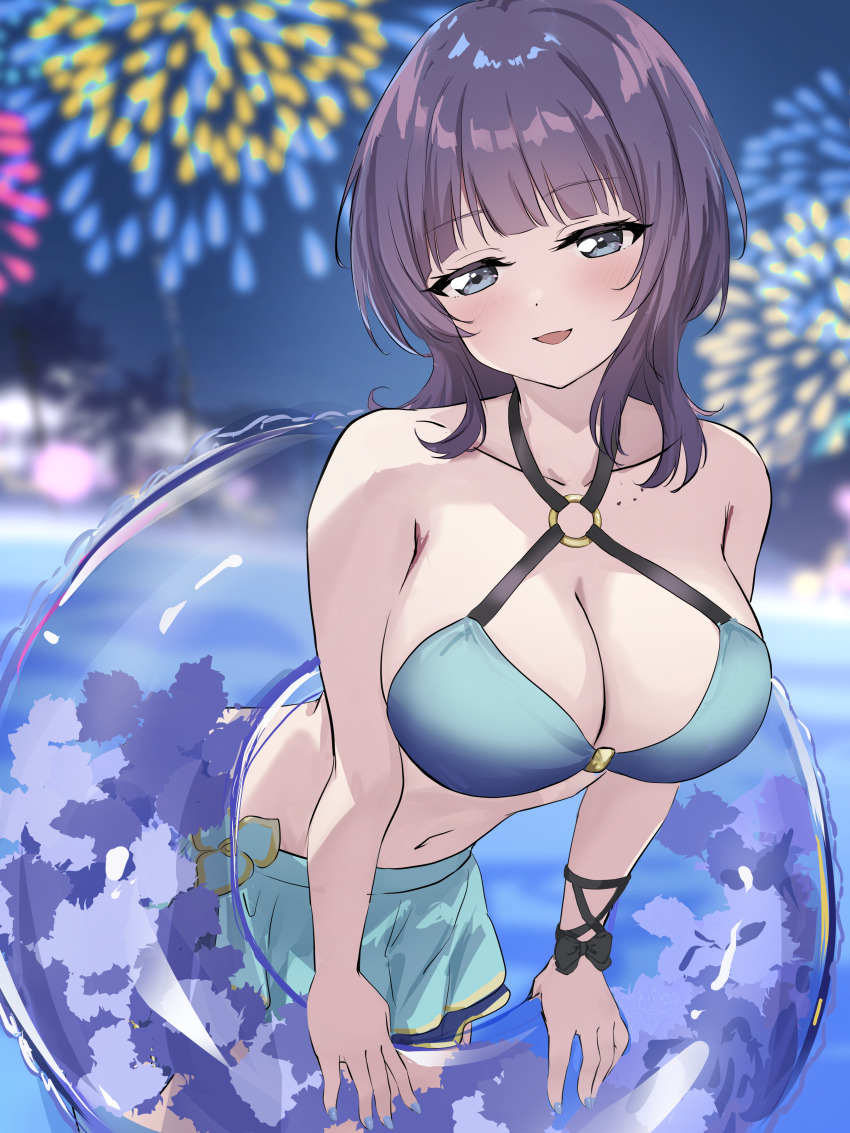 1girl, :d, absurdres, aerial_fireworks, asaka_karin, bikini, bikini_skirt, blue_bikini