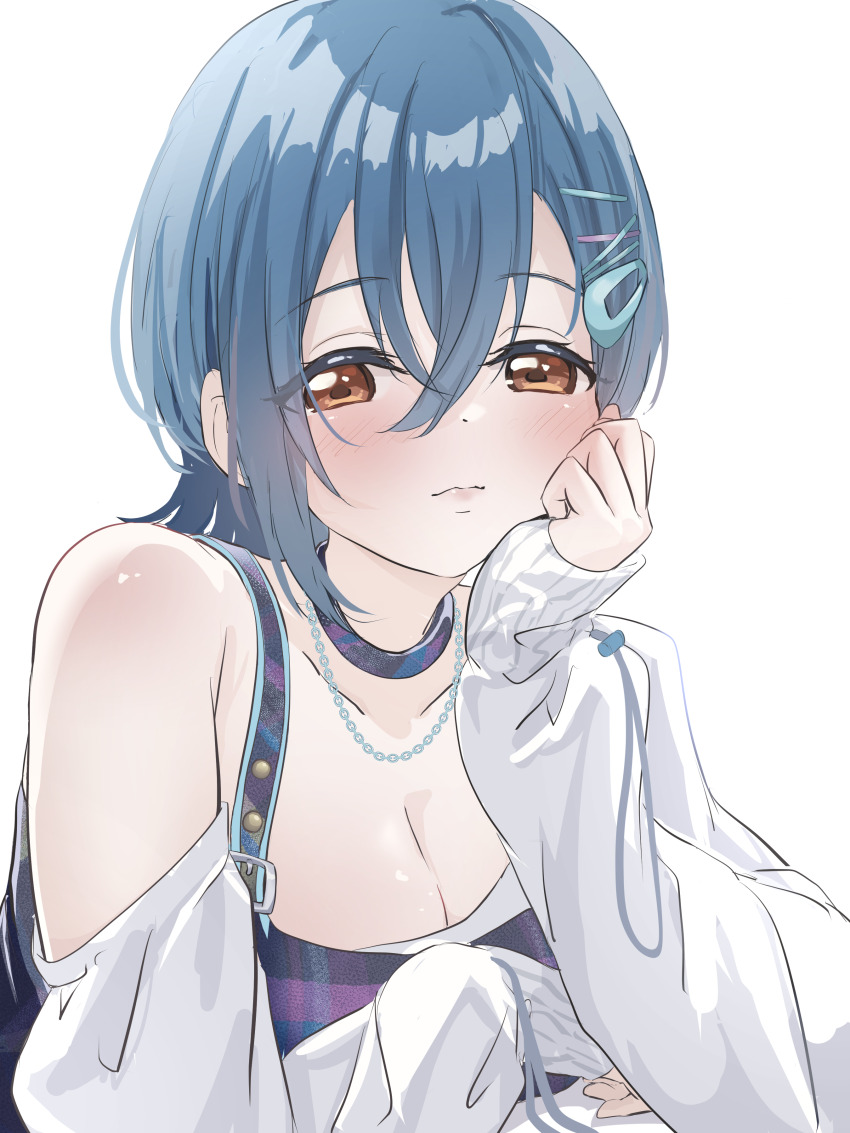 1girl, absurdres, blue_hair, blush, breasts, choker, cleavage, closed_mouth