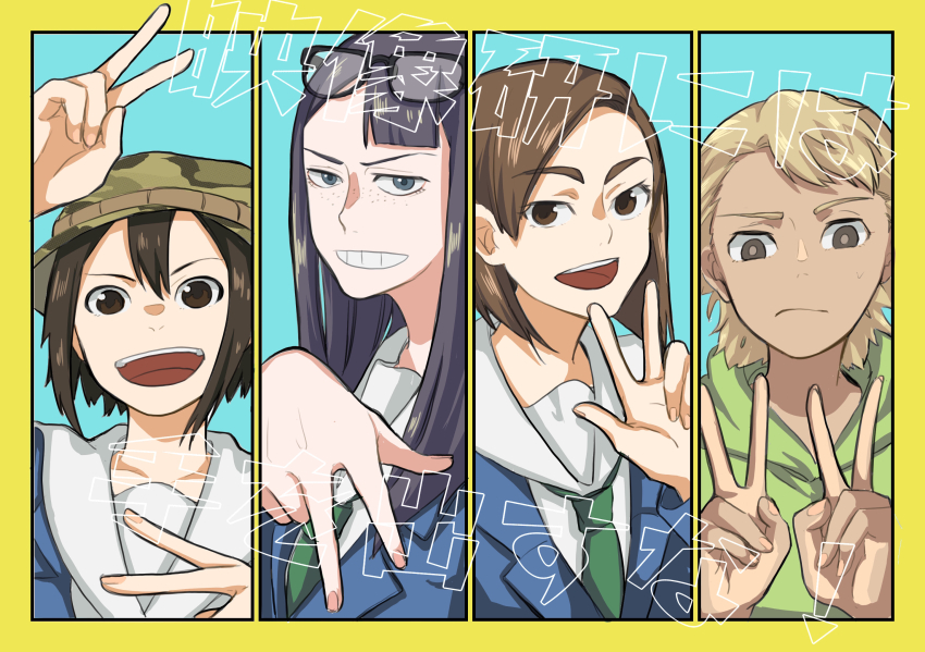 4girls, asakusa_midori, black_hair, blue_background, blue_eyes, border, brown_eyes, brown_hair