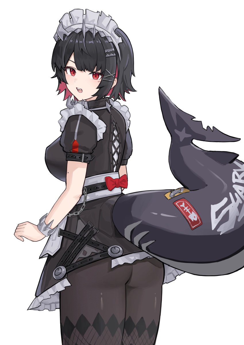 1girl, absurdres, ass, black_dress, black_hair, black_pantyhose, bow, breasts, chain, colored_inner_hair, dress, ellen_joe, fins, fish_tail, highres, large_breasts, maid, maid_headdress, multicolored_hair, pantyhose, puffy_short_sleeves, puffy_sleeves, rain_(rain8649), red_bow, red_eyes, red_hair, shark_tail, short_sleeves, simple_background, solo, standing, tail, white_background, zenless_zone_zero