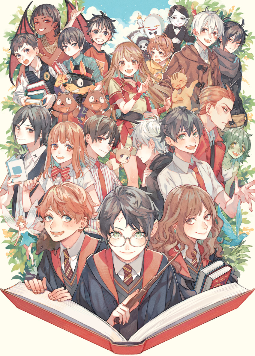 4girls, 6+boys, absurdres, bartimaeus, bartimaeus_(character), black_hair, black_robe, blunt_bangs