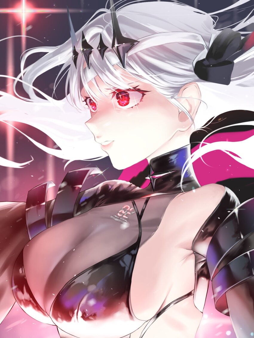 1girl, black_dress, black_gloves, black_ribbon, breasts, cleavage, detached_sleeves, diadem