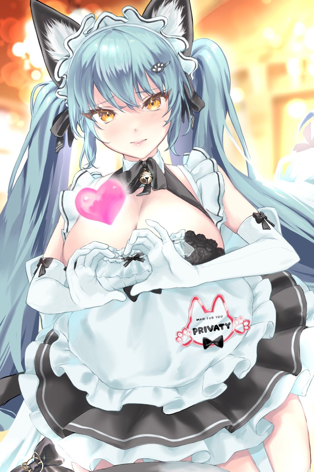 1girl, animal_ears, apron, black_dress, blue_hair, blush, breasts, cat_ears