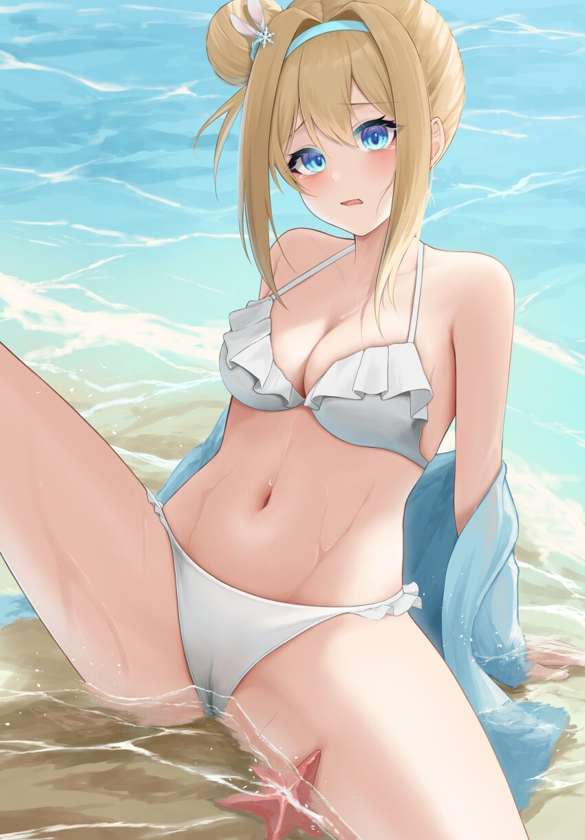 1girl, absurdres, arm_support, bikini, blonde_hair, blue_eyes, blue_hairband, blue_jacket