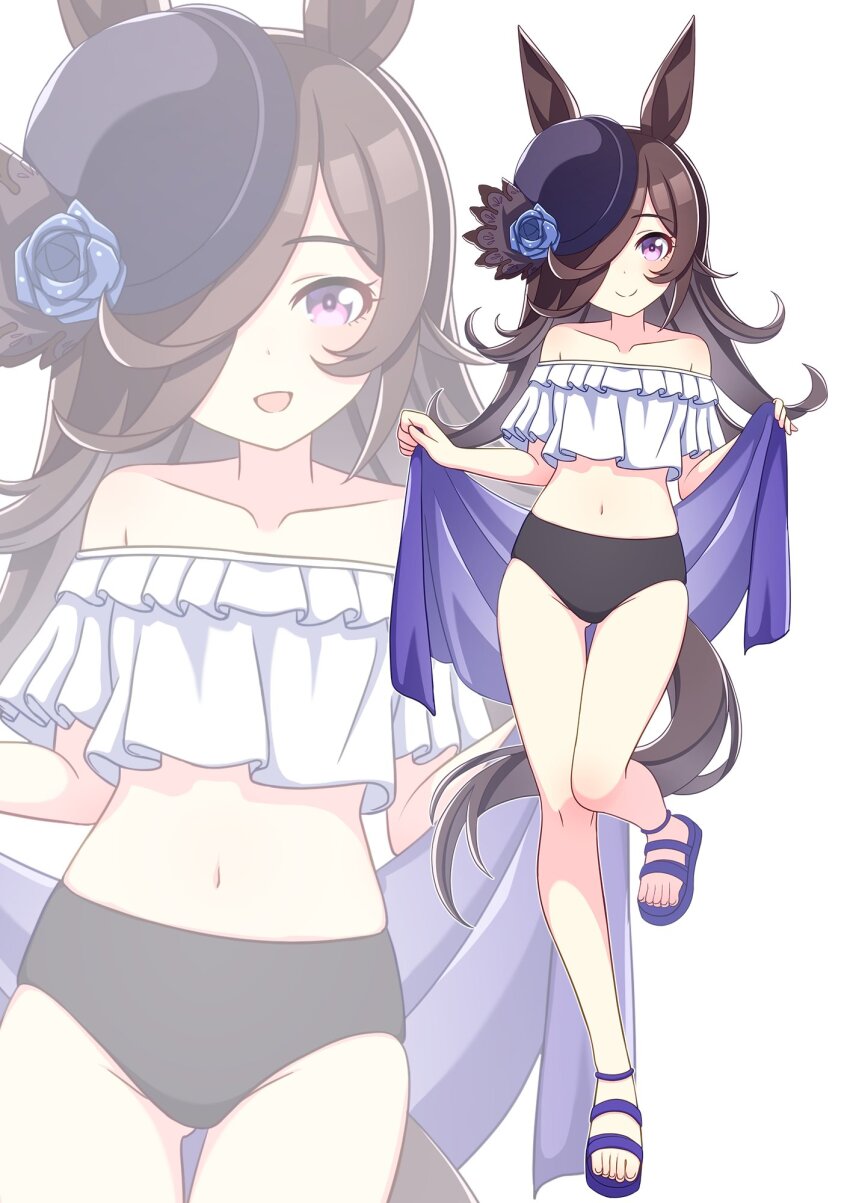 1girl, animal_ears, arms_at_sides, black_hair, breasts, collarbone, commentary_request, full_body