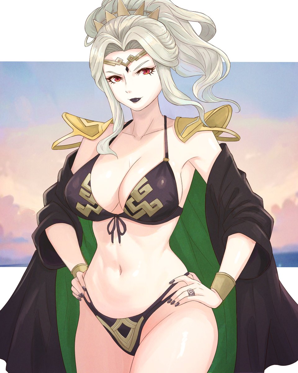 1girl, alternate_costume, beach, bikini, black_bikini, black_cape, black_eyeliner, black_lips, breasts, cape, circlet, eyeliner, eyeshadow, fire_emblem, fire_emblem_heroes, green_cape, green_eyes, grey_hair, highres, letizia_(fire_emblem), lipstick, looking_at_viewer, makeup, medium_breasts, multicolored_cape, navel, nintendo, ponytail, smile, solo, swimsuit, truejekart