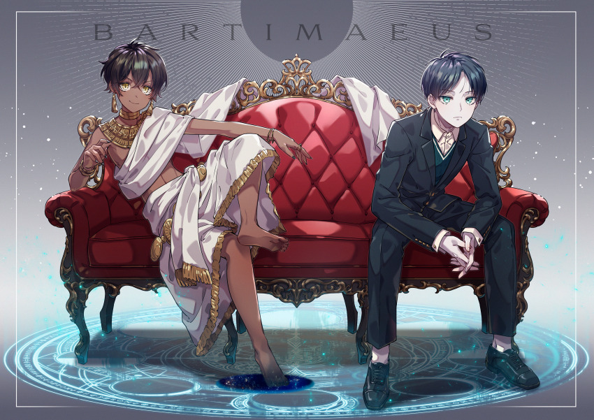 2boys, absurdres, barefoot, bartimaeus, bartimaeus_(character), black_hair, black_jacket, blue_eyes