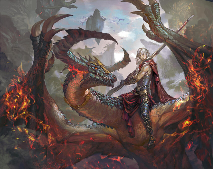 1boy, armor, blue_sky, breastplate, cape, cloud, commentary, curled_horns