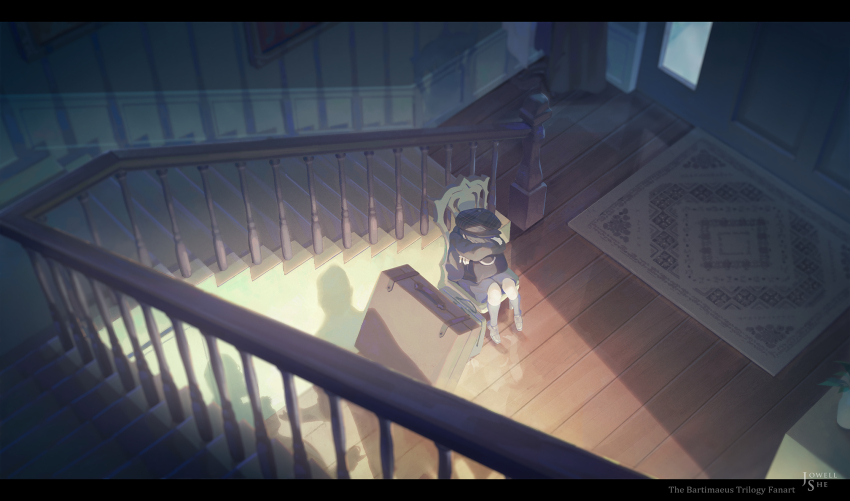 1boy, aged_down, bartimaeus, black_hair, chair, hat, highres, indoors