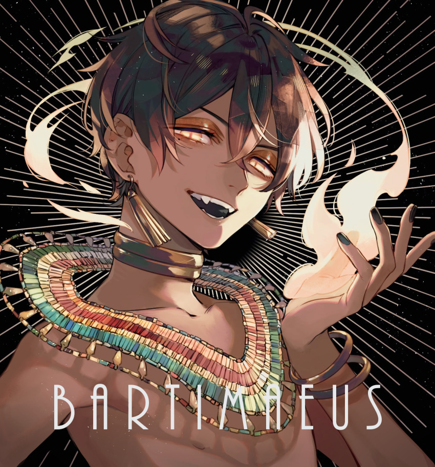 1boy, bartimaeus, bartimaeus_(character), black_hair, dark-skinned_male, dark_skin, earrings, fire