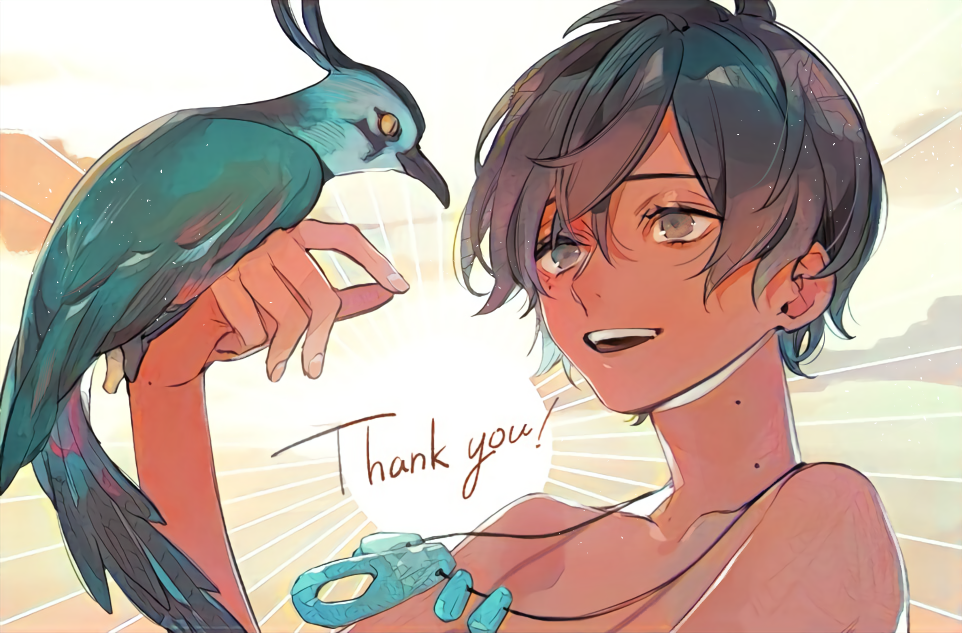 1boy, bartimaeus, bird, bird_on_hand, black_eyes, black_hair, dark-skinned_male, dark_skin, jewelry, necklace, ptolemy_(bartimaeus), short_hair, smile, solo, toshiki_(joli), upper_body