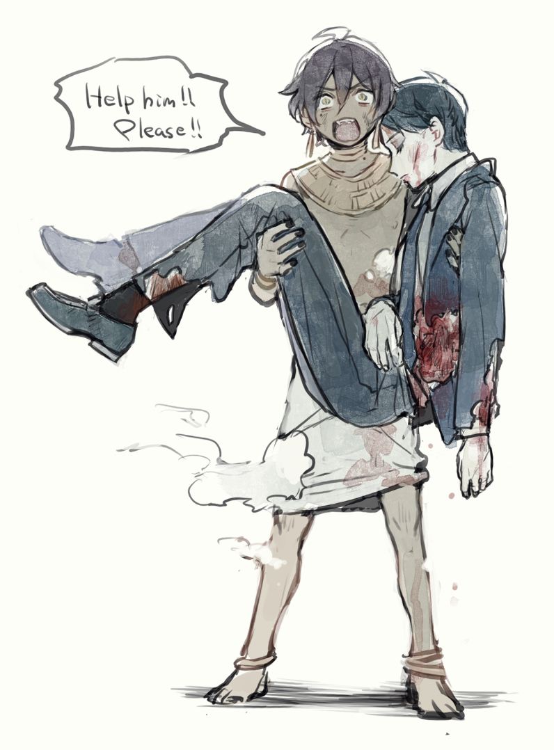 2boys, bartimaeus, bartimaeus_(character), black_hair, blood, blood_on_clothes, blood_on_face, carrying