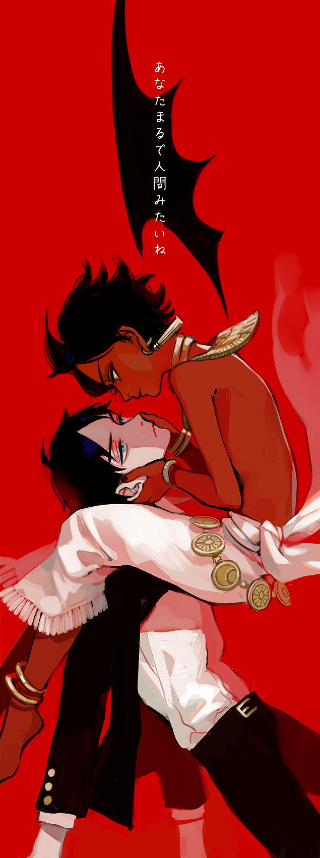 2boys, bartimaeus, bartimaeus_(character), black_hair, blue_eyes, choker, dark-skinned_male, dark_skin