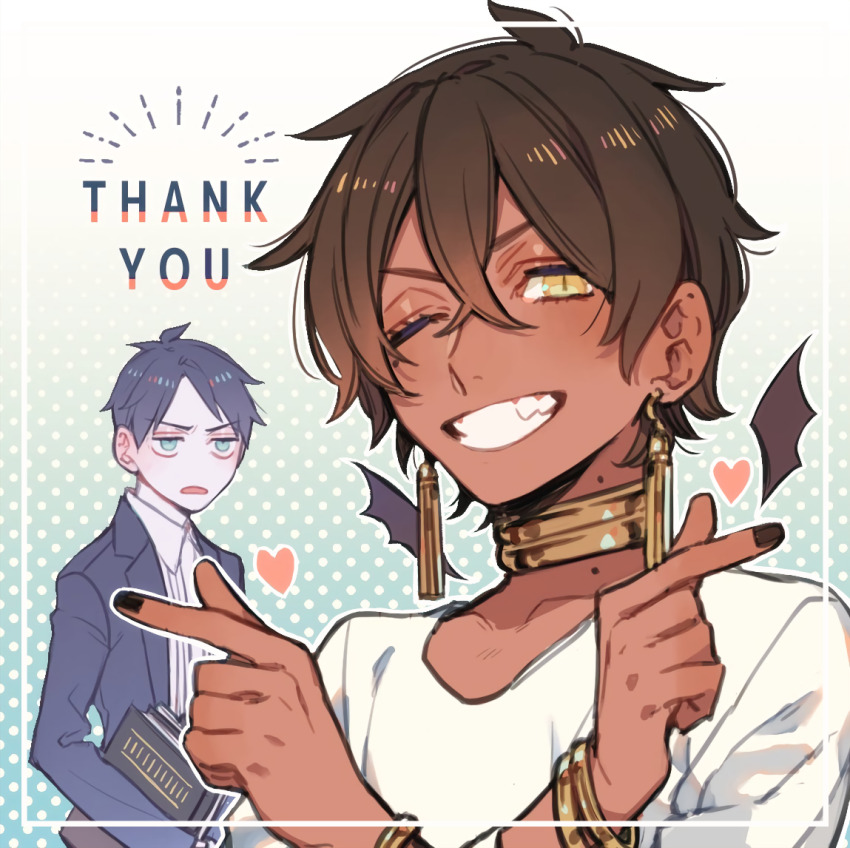 2boys, bartimaeus, bartimaeus_(character), black_hair, blue_eyes, book, dark-skinned_male, dark_skin