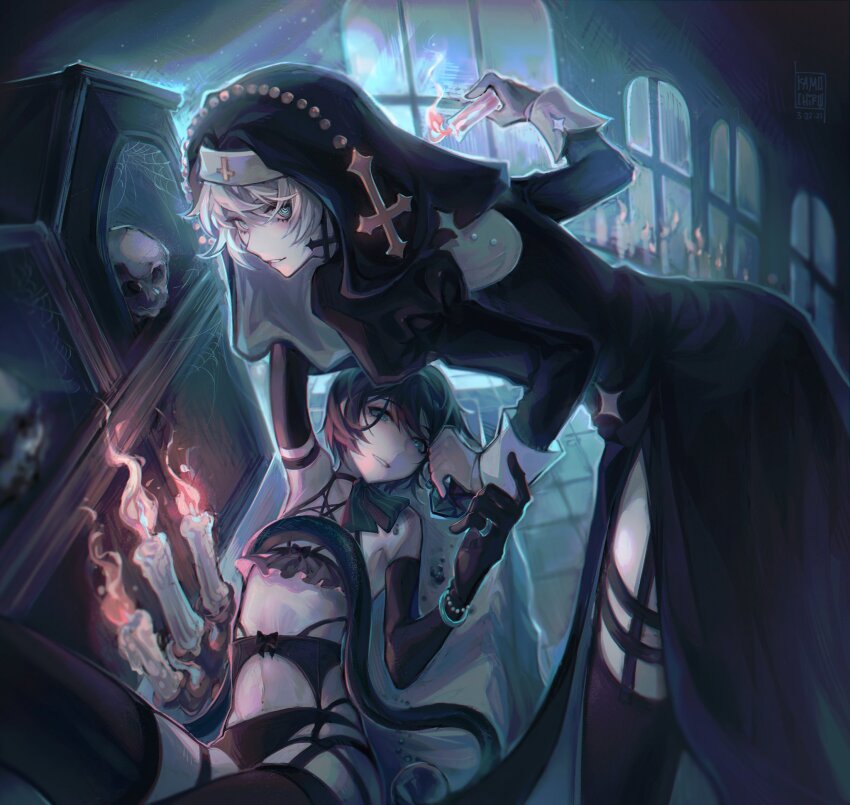 2boys, aqua_eyes, arm_up, bare_shoulders, bent_over, black_bra, black_choker, black_dress