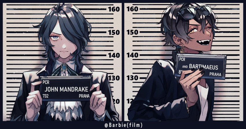 2boys, barbie_mugshot_(meme), bartimaeus, bartimaeus_(character), black_hair, blue_eyes, card, character_name