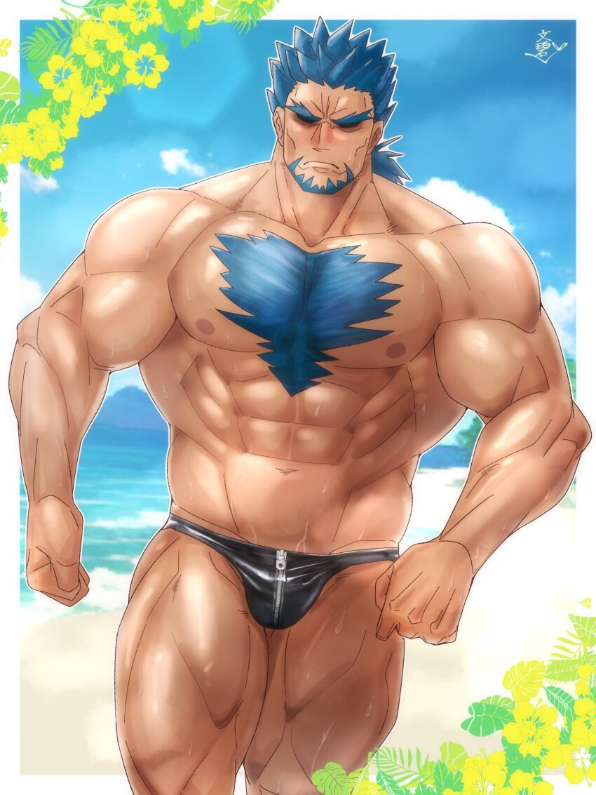1boy, abs, absurdres, artist_name, bara, beach, biceps, blue_hair