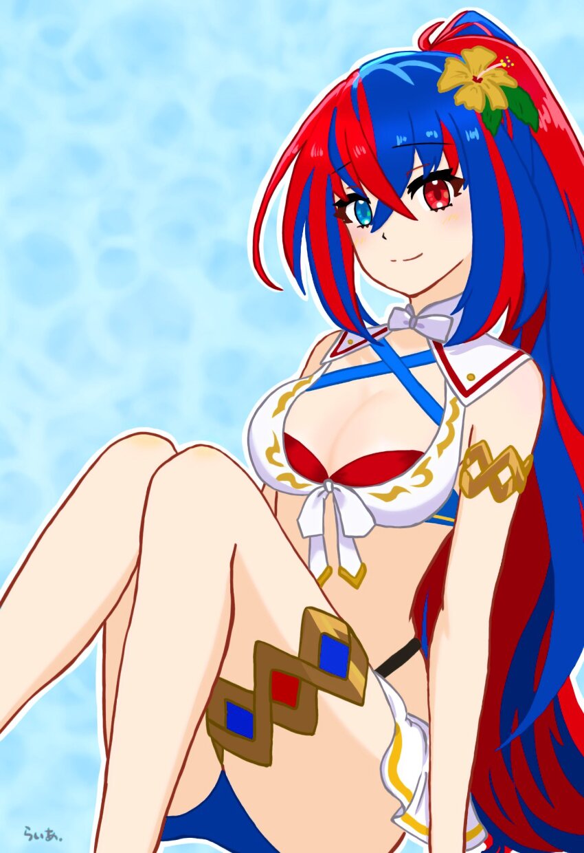 1girl, armlet, bikini, blue_bikini, blue_eyes, blue_hair, breasts, cleavage, criss-cross_halter, crossed_bangs, female_alear_(fire_emblem), female_alear_(seaside_dragon)_(fire_emblem), fire_emblem, fire_emblem_engage, fire_emblem_heroes, flower, gold_armlet, gold_thighlet, hair_between_eyes, hair_flower, hair_ornament, halterneck, heterochromia, high_ponytail, highres, jewelry, long_hair, medium_breasts, multicolored_bikini, multicolored_hair, multicolored_swimsuit, nintendo, official_alternate_costume, official_alternate_hairstyle, ponytail, raia_773_perc, red_bikini, red_eyes, red_hair, solo, split-color_hair, swimsuit, thighlet, two-tone_hair, very_long_hair, white_bikini, yellow_flower