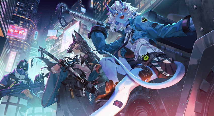 2girls, 2others, :d, ambiguous_gender, black_hair, black_necktie, black_skirt, blue_jacket, blue_skin, blunt_bangs, carrying, city, closed_mouth, collared_shirt, colored_skin, commentary, cropped_jacket, dress_shirt, english_commentary, feet_out_of_frame, felicia_chen, gauntlets, gloves, gun, helmet, highres, holding, holding_gun, holding_sword, holding_weapon, horns, hoshimi_miyabi, huge_weapon, jacket, japanese_clothes, leaning_against_vehicle, leg_up, light_particles, long_hair, looking_to_the_side, medium_hair, miniskirt, multiple_girls, multiple_others, necktie, night, oni, open_clothes, open_jacket, open_mouth, orange_eyes, orange_gloves, outdoors, pleated_skirt, pouch, sheath, shirt, shoulder_carry, sideways_glance, skin-covered_horns, skirt, smile, soukaku_(zenless_zone_zero), standing, sword, tail, thigh_pouch, thigh_strap, trigger_discipline, unsheathing, weapon, white_hair, white_shirt, zenless_zone_zero