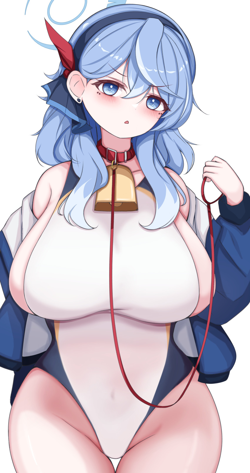 1girl, absurdres, ako_(blue_archive), bell, black_hairband, blue_archive, blue_eyes, blue_hair, blue_halo, blue_jacket, breasts, collar, commentary, cosplay, cowbell, gbr20210907, hair_between_eyes, hairband, halo, highleg, highleg_one-piece_swimsuit, highres, huge_breasts, jacket, kanna_(blue_archive), kanna_(blue_archive)_(cosplay), kanna_(swimsuit)_(blue_archive), leash, looking_at_viewer, medium_hair, official_alternate_costume, one-piece_swimsuit, open_clothes, open_jacket, red_collar, simple_background, solo, swimsuit, thighs, white_background, white_one-piece_swimsuit
