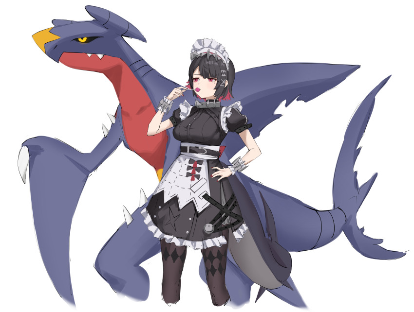 1girl, absurdres, black_dress, black_hair, candy, colored_inner_hair, cowboy_shot, dress, ellen_joe, fingernails, fins, fish_tail, food, garchomp, gen_4_pokemon, hair_between_eyes, hand_on_own_hip, highres, holding, holding_candy, holding_food, holding_lollipop, jin_(7kijin), lollipop, mole, mole_under_eye, multicolored_hair, nail_polish, nintendo, pokemon, pokemon_(creature), red_eyes, red_hair, red_nails, shark_tail, short_hair, short_sleeves, sidelocks, simple_background, standing, tail, two-tone_hair, white_background, zenless_zone_zero