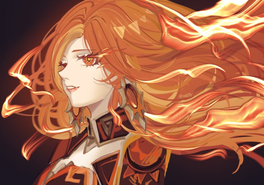 1girl, earrings, fiery_hair, fire, genshin_impact, highres, jewelry, liuyun_(liuyun73492)