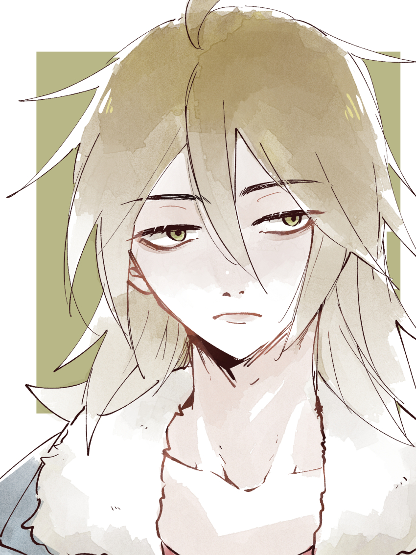 1boy, asaba_kurone, blue_jacket, border, brown_hair, closed_mouth, commentary_request, eyes_visible_through_hair