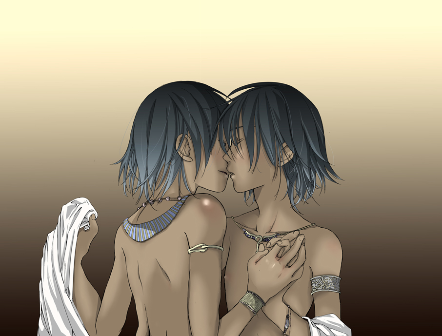 2boys, bartimaeus, bartimaeus_(series), black_hair, dark-skinned_male, dark_skin, holding_hands, imminent_kiss
