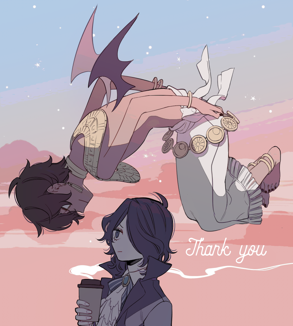 2boys, barefoot, bartimaeus, bartimaeus_(series), black_hair, blue_eyes, choker, collared_shirt