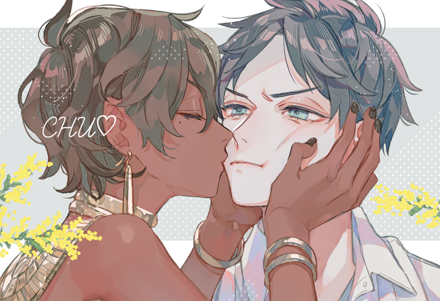 2boys, bartimaeus, bartimaeus_(series), black_hair, blue_eyes, cheek_squash, choker, dark-skinned_male, dark_skin, earrings, hands_on_another's_cheeks, hands_on_another's_face, jewelry, john_mandrake, kiss, multiple_boys, short_hair, toshiki_(joli), yaoi
