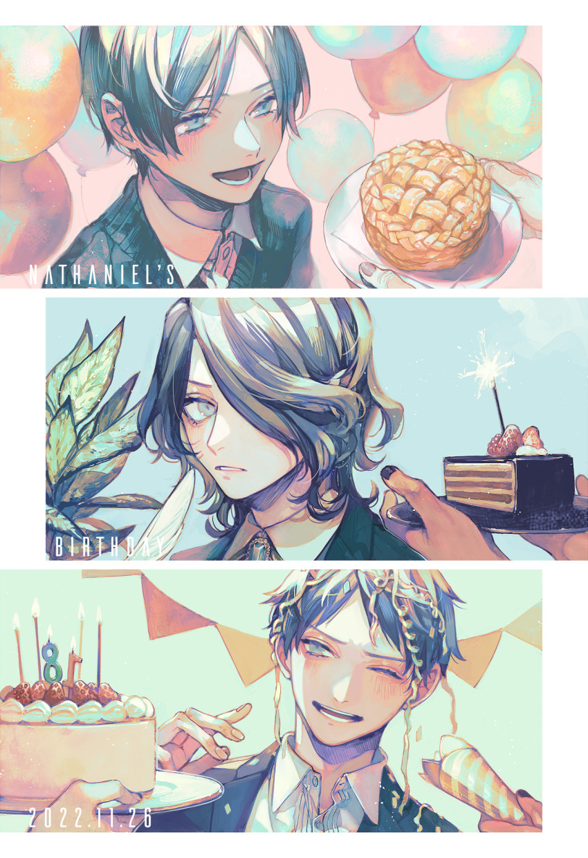1boy, age_progression, aged_down, aged_up, apple_pie, bartimaeus_(series), birthday, birthday_cake