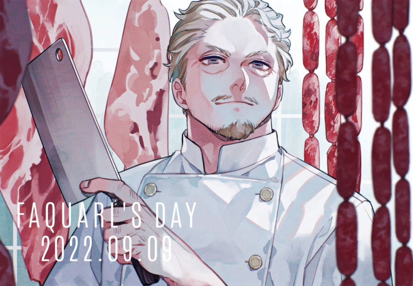 1boy, bartimaeus_(series), blonde_hair, english_text, facial_hair, faquarl, holding, holding_knife, knife, male_focus, raw_meat, short_hair, toshiki_(joli)