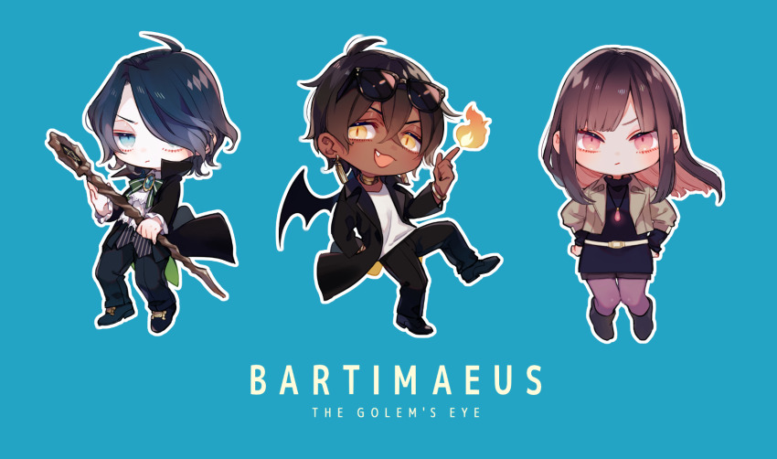 2boys, bartimaeus, bartimaeus_(series), black_hair, blue_eyes, blunt_bangs, boots, chibi, choker, collared_shirt, dark-skinned_male, dark_skin, demon_boy, demon_wings, dress, earrings, hair_over_one_eye, highres, holding, holding_staff, jewelry, john_mandrake, kathleen_jones, mage_staff, multiple_boys, necklace, shirt, short_hair, staff, toshiki_(joli), wings, yellow_eyes