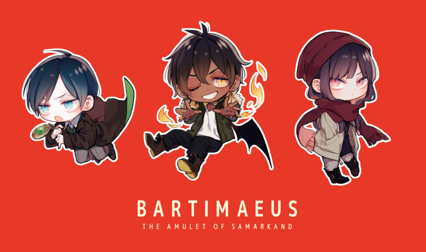 1girl, 2boys, aged_down, bartimaeus, bartimaeus_(series), beanie, black_hair, blue_eyes, blunt_bangs, boots, chibi, choker, coat, dark-skinned_male, dark_skin, earrings, enpera, hat, highres, holding, jacket, jewelry, john_mandrake, kathleen_jones, multiple_boys, scarf, short_hair, toshiki_(joli), yellow_eyes