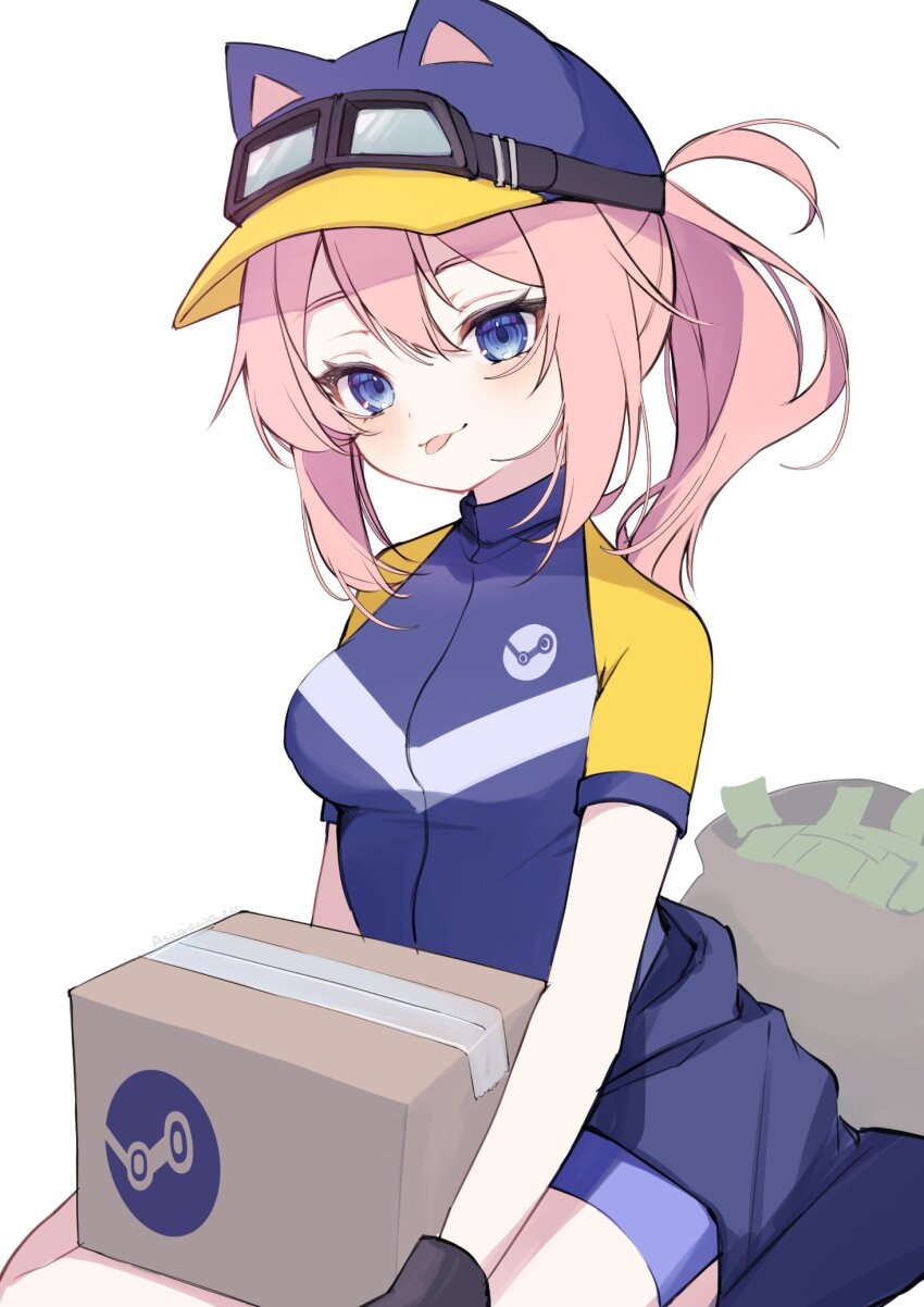 1girl, :p, animal_hat, asagawa_mikan, baseball_cap, black_gloves, blue_eyes, blue_hat, blue_jacket, blue_shirt, blue_shorts, box, breasts, cat_hat, clothes_around_waist, commentary, english_commentary, gloves, goggles, goggles_on_headwear, hat, highres, holding, holding_box, jacket, jacket_around_waist, long_hair, medium_breasts, money_bag, multicolored_shirt, pink_hair, ponytail, shirt, short_sleeves, shorts, sidelocks, simple_background, sitting, solo, steam_(platform), steam_delivery_girl, tongue, tongue_out, white_background, yellow_shirt