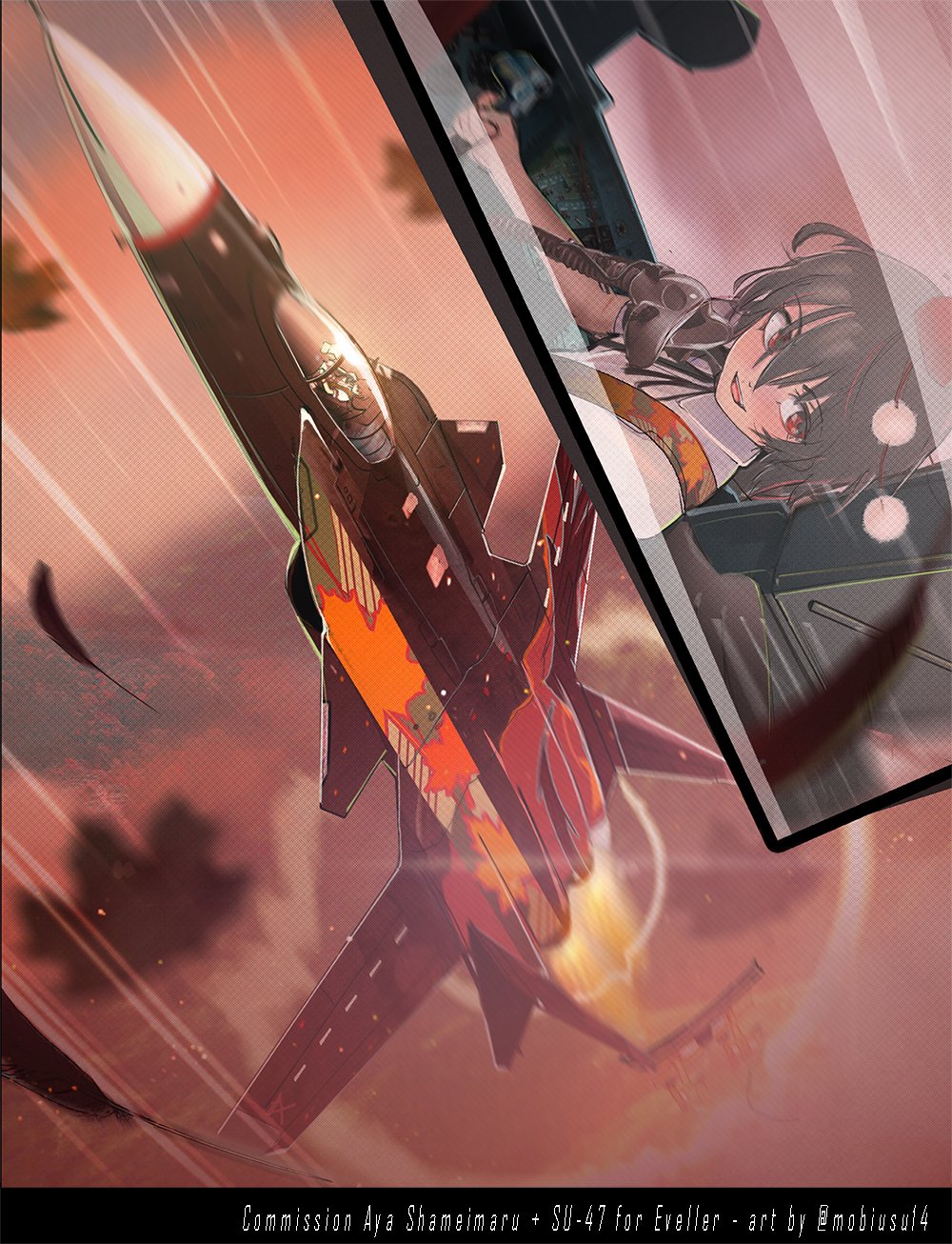 1girl, :d, afterburner, aircraft, airplane, bird_wings, black_hair, black_wings