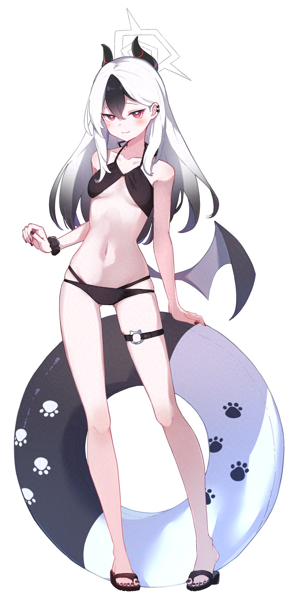 1girl, bikini, black_bikini, black_bra, blue_archive, blush, bra, breasts, closed_mouth, demon_horns, ear_piercing, fingernails, full_body, gradient_hair, hair_between_eyes, halo, highres, holding, holding_swim_ring, horns, innertube, kayoko_(blue_archive), long_hair, looking_at_viewer, multi-strapped_bikini_bottom, multicolored_hair, nail_polish, navel, paw_print, paw_print_pattern, piercing, red_eyes, sandals, scrunchie, simple_background, smile, solo, stomach, swim_ring, swimsuit, thigh_strap, toenail_polish, toenails, underwear, white_background, white_hair, white_halo, wrist_scrunchie, yui_asahi