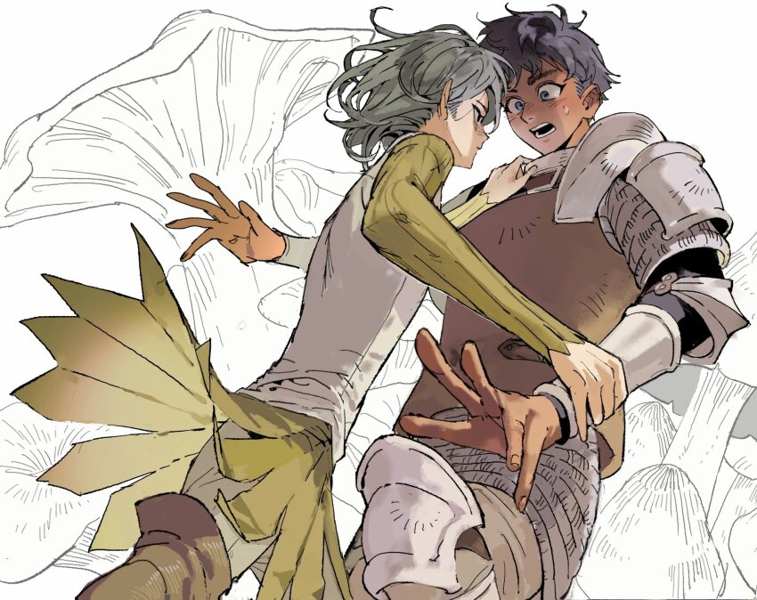 2boys, armor, bags_under_eyes, black_eyes, black_hair, blue_eyes, blush, boots