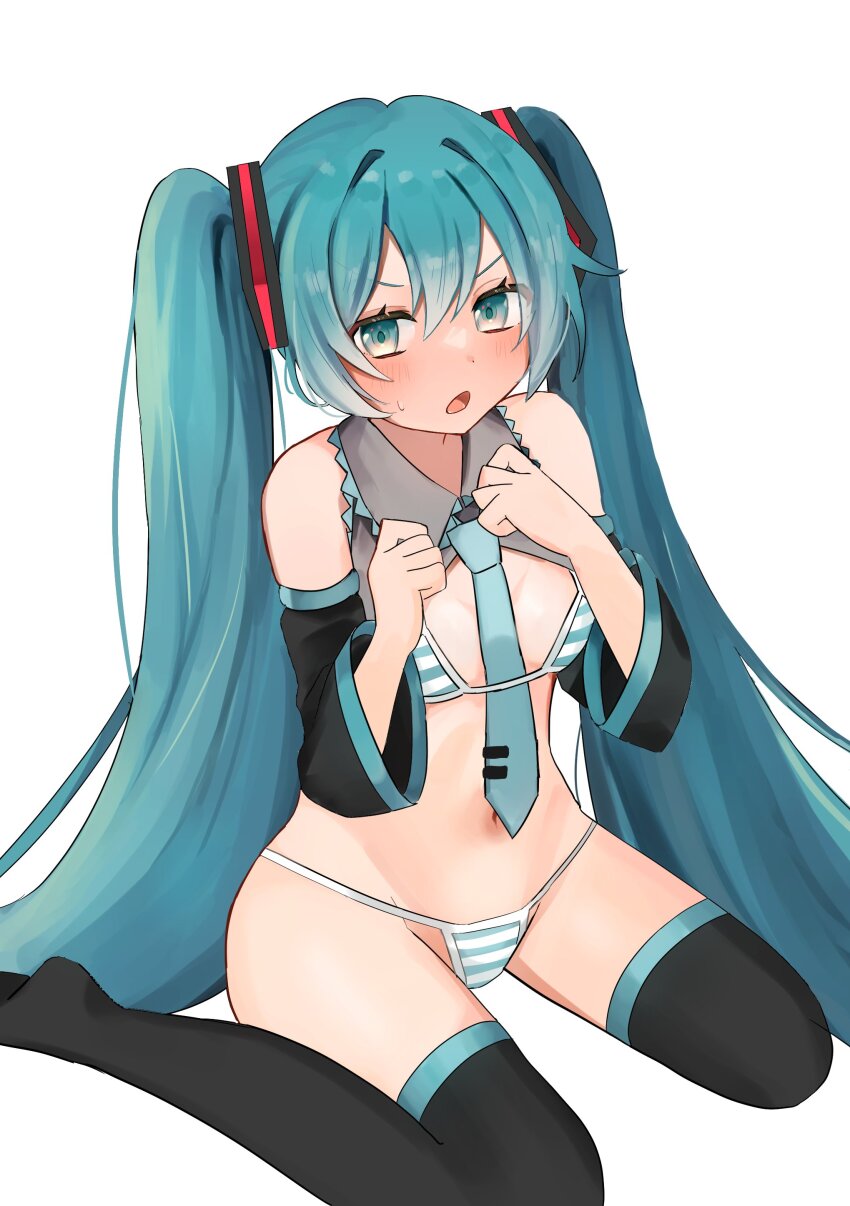 1girl, :o, absurdres, aqua_eyes, aqua_hair, bikini, black_sleeves, black_thighhighs, collar, detached_sleeves, from_above, gradient_eyes, hair_between_eyes, hair_ornament, hands_up, hatsune_miku, highres, horizontal-striped_bikini, long_hair, looking_at_viewer, meruko-san, miku_collar_bikini, multicolored_eyes, navel, necktie, open_mouth, sidelocks, simple_background, sitting, striped_clothes, swimsuit, thighhighs, tie_clip, twintails, very_long_hair, vocaloid, wariza, white_background