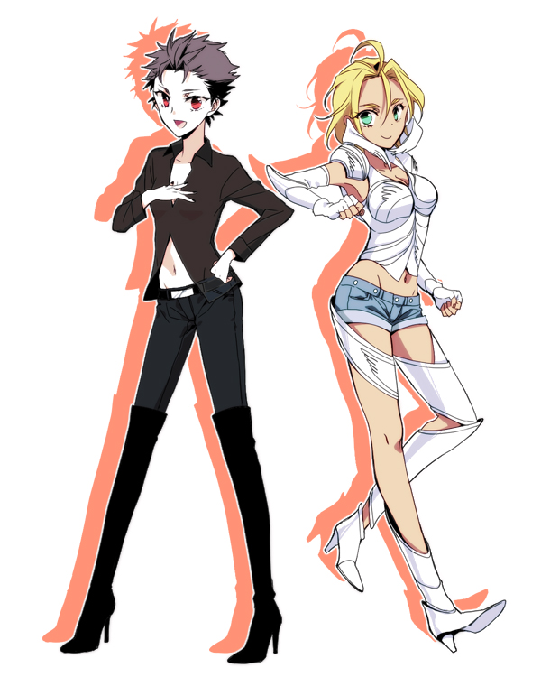 2girls, ahoge, armor, black_hair, blonde_hair, breasts, cleavage, el_shaddai