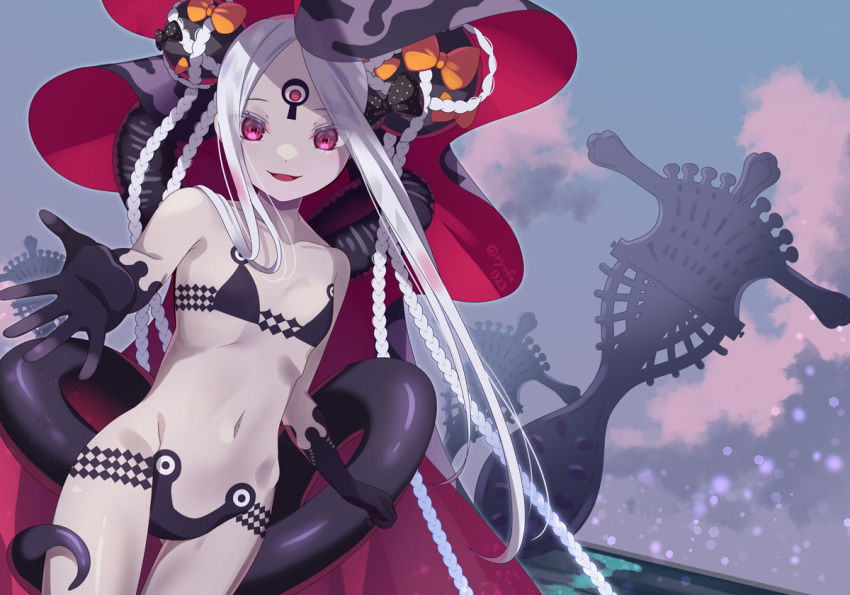 1girl, abigail_williams_(fate), abigail_williams_(swimsuit_foreigner)_(fate), abigail_williams_(swimsuit_foreigner)_(first_ascension)_(fate), bare_shoulders, beckoning, bikini, black_bikini