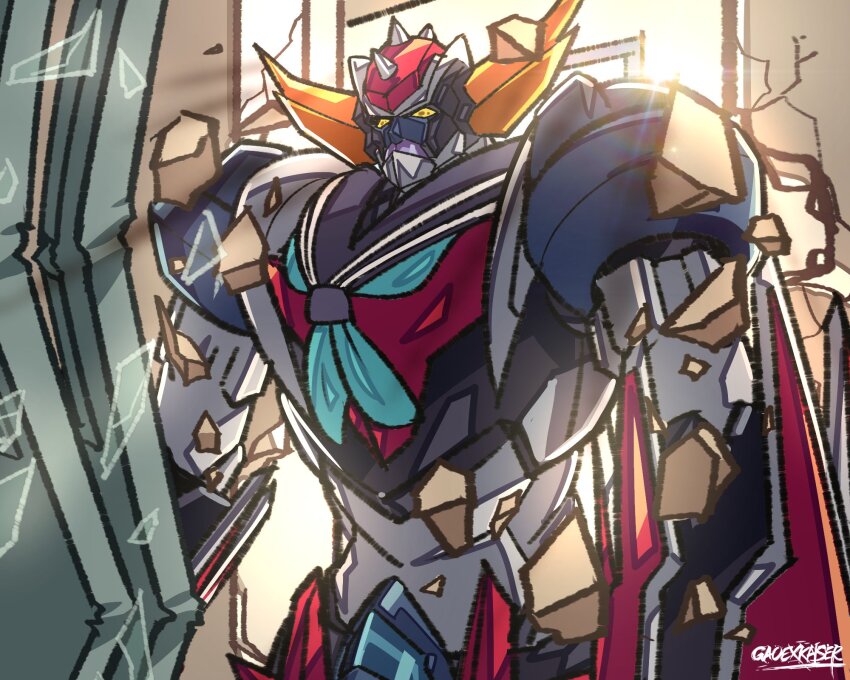 breaking_through_wall, broken_wall, crack, cracked_wall, doorway, gao_ex_kaiser, grendizer, grendizer_(grendizer_u)